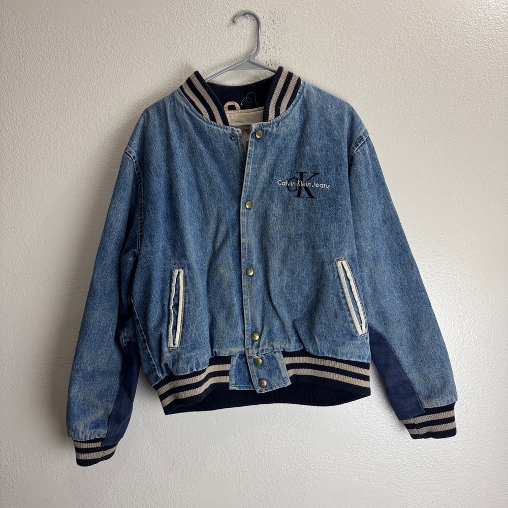 Calvin Klein Denim Varsity Jacket Size Small Vintage Oversized - Picture 2 of 10